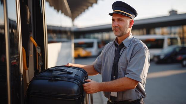 A male bus driver in a gray uniform and cap is loading a black suitcase onto a bus at a transport hub. photo