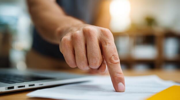 A close-up of a male hand, focused and determined, pointing at a document on a wooden desk beside a laptop. photo