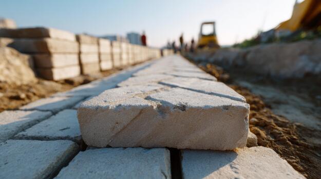 Close-up of laid bricks on a construction site, showcasing the intricate details and textures of the paving stones. photo