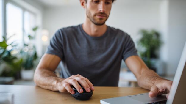 A focused young Caucasian man using a laptop and computer mouse in a bright, modern workspace filled with greenery. photo