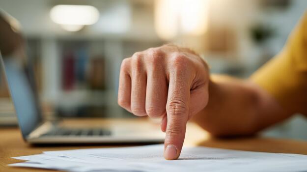 un enfocado masculino mano, caucásico, puntos a documentos en un escritorio siguiente a un ordenador portátil en un brillante, moderno espacio de trabajo foto