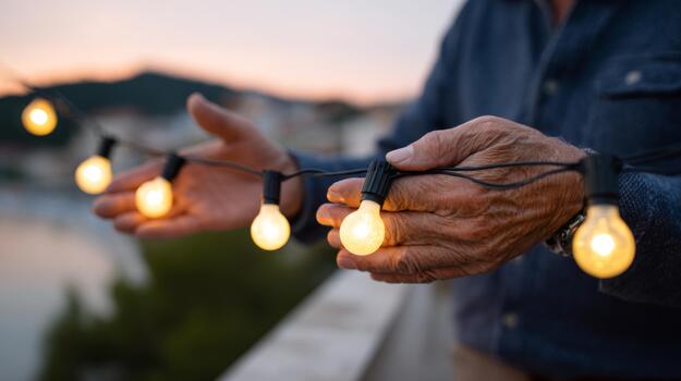 An elderly man with tanned skin gently adjusts string lights, creating a warm atmosphere during sunset. photo