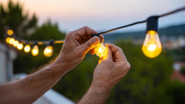 A close-up of a person's hands connecting warm glow string lights at sunset, creating a cozy outdoor ambiance. photo