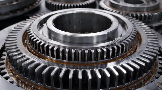 Close-up of interlocking metallic gears showcasing intricate design and precision engineering. photo