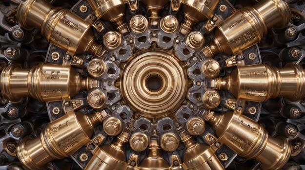 Intricate close-up of a vintage engine assembly featuring complex metallic components and a shiny bronze finish. photo