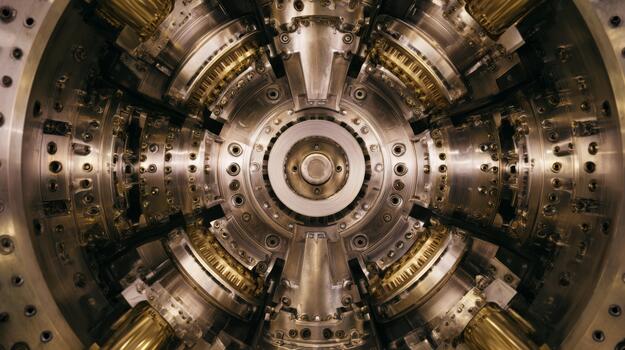 An intricate view of a metallic machinery interior showcasing gears and components in a circular arrangement. photo