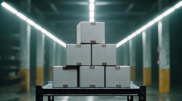 A stack of unmarked cardboard boxes on a metal cart in a dimly lit warehouse, conveying an atmosphere of storage and logistics. photo