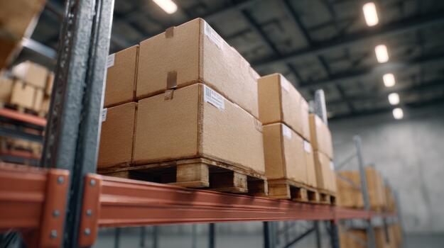 A view of neatly stacked cardboard boxes on pallets in a spacious warehouse. photo