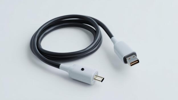 A black USB cable with a white connector, elegantly coiled on a light background, showcasing a modern tech accessory. photo