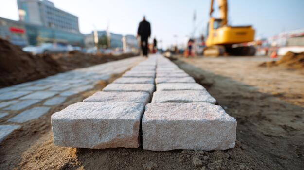 Close-up of newly laid cobblestones with a construction site in the background, showcasing urban development and progress. photo