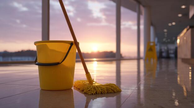 A yellow mop and bucket stand on a shiny floor, illuminated by the warm glow of a sunset, reflecting a serene atmosphere. photo