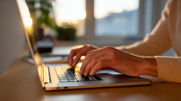 Close-up of hands typing on a laptop, backlit by warm evening light, creating a cozy and productive atmosphere. photo