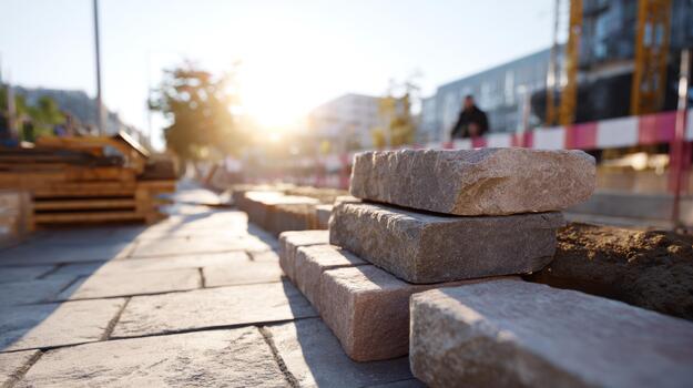 Close-up of construction bricks with a sunset glow, highlighting the textures and colors of the materials on a building site. photo