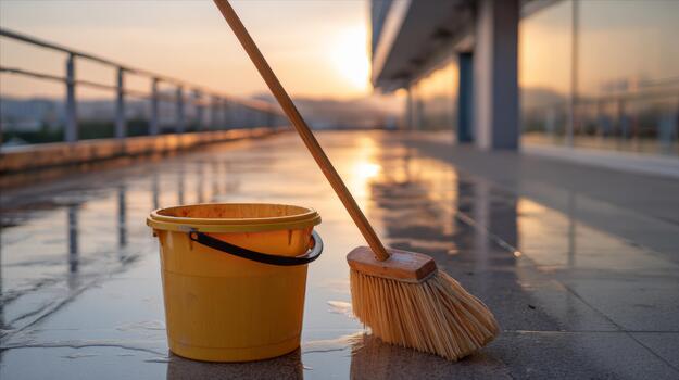 A yellow bucket and broom rest on a wet floor at sunset, capturing the serene beauty of cleaning in a modern urban setting. photo
