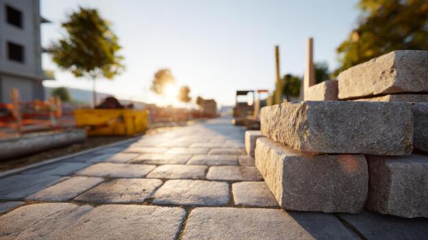 A close-up of stacked stone bricks ready for pavement construction, bathed in golden sunlight, creating a warm and inviting atmosphere. photo