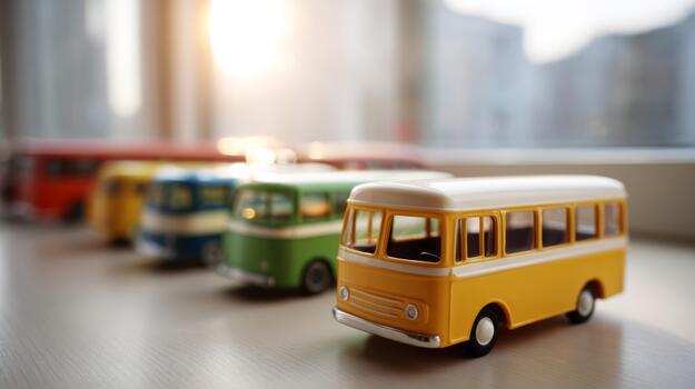 A collection of colorful toy buses lined up on a windowsill, with a warm sunset light glowing in the background. photo