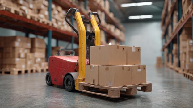 A yellow forklift loaded with cardboard boxes in a spacious warehouse, reflecting a busy logistics environment. photo