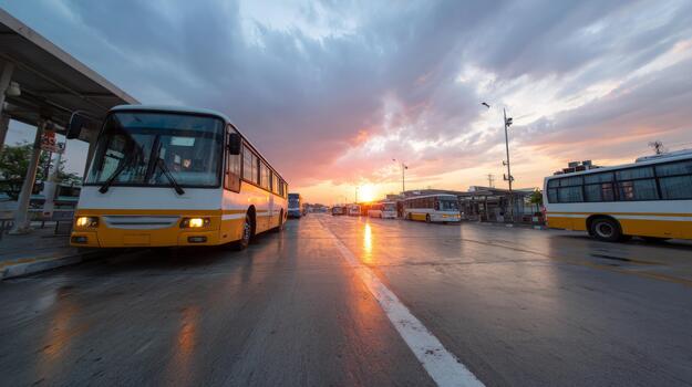 A city bus terminal at sunset, with vibrant clouds reflecting warm hues on the pavement. photo