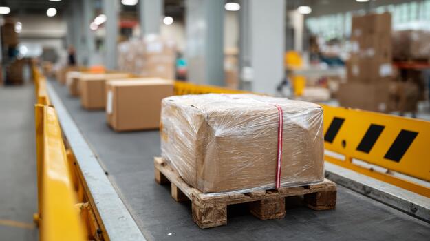 A large cardboard box wrapped in plastic sits on a wooden pallet in a busy warehouse setting. photo