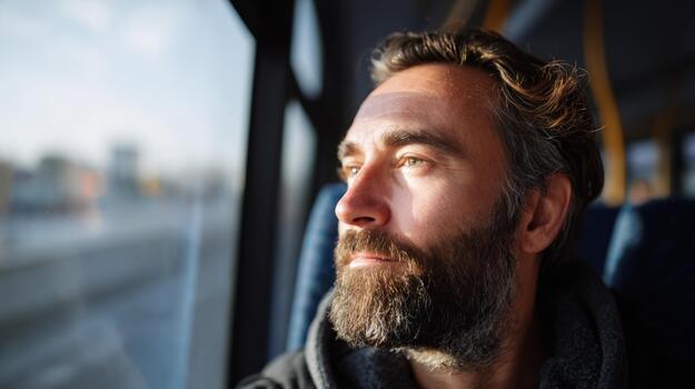A thoughtful Caucasian man gazes out the bus window, contemplating life while enjoying warm sunlight and soft reflections. photo