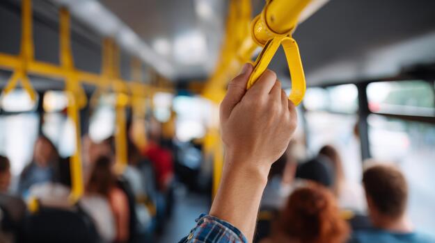A close-up of a hand gripping a yellow handrail inside a bus, with blurred passengers seated in the background. photo