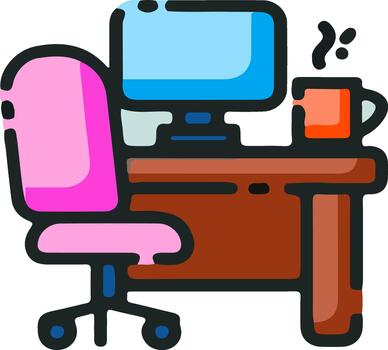 Workplace Icon Flat Design Office Desk and Computer Setup vector