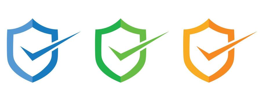 Shield and check mark icon set, security and confirmation symbol, multiple color variations vector