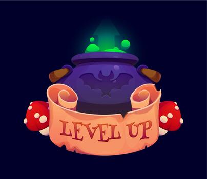 Halloween level up rank, game badge of cauldron vector