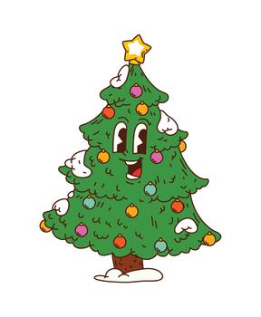 maravilloso retro Navidad árbol personaje con sonrisa vector