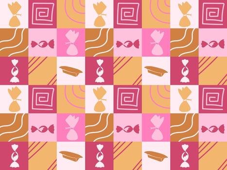 pattern of colorful bright squares with doodle patterns and candy candies vector