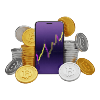 teléfono inteligente mostrando criptomoneda gráfico rodeado por bitcoin moneda apilar aislado en transparente antecedentes png