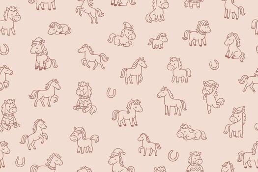 Cute seamless pattern with playful pony illustrations in various poses. Each doodle captures the charm of ponies in a simplistic line art style. illustration suitable for children's designs. vector