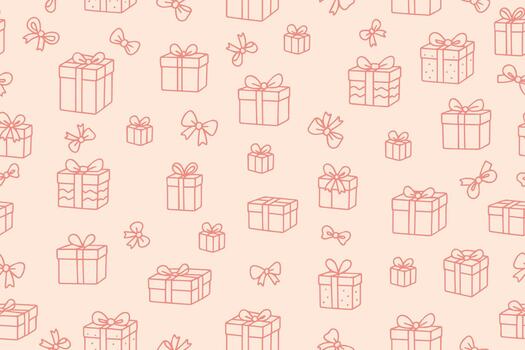 Seamless gift pattern illustration features red linear sketches of wrapped presents with bows and ribbons on a soft pink background. Ideal for festive design projects. vector