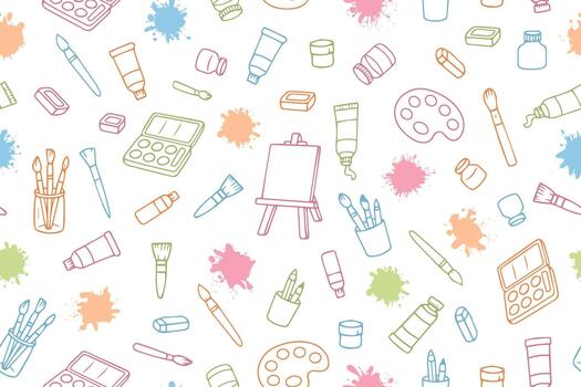 Seamless pattern with an easel, paints, and various brushes. illustration for art studios, design, wrapping paper, and textiles vector