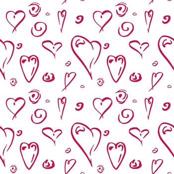 Continuous pattern of hand drawn ink hearts, filled and outlined, spiral swirl shapes in romantic rhythm. seamless illustration. Wrapping anniversary design, print background, valentine texture vector