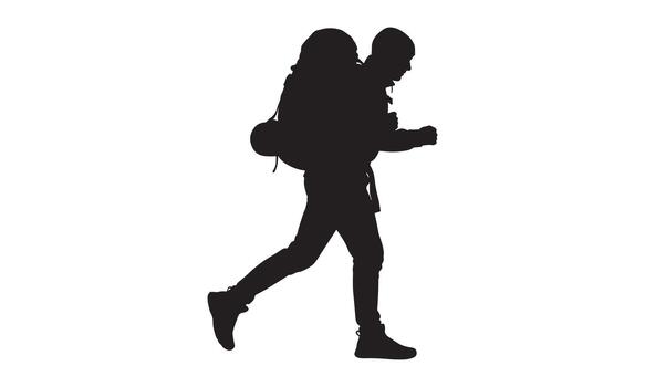 A dynamic silhouette of a person with a large backpack running forward set against a white background silhouette vector