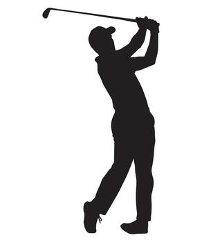 Dynamic silhouette of a golfer executing a powerful swing on a white background vector