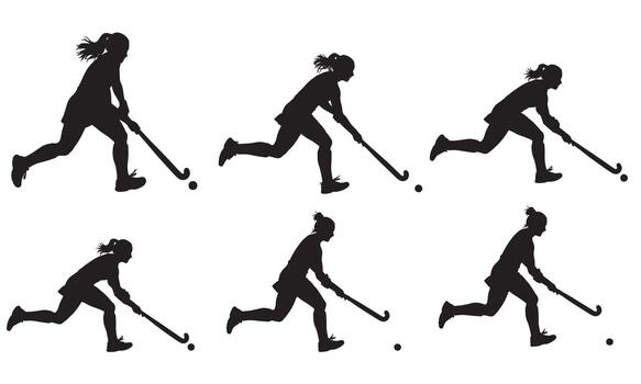 Dynamic silhouette of a female field hockey player in action with multiple poses vector