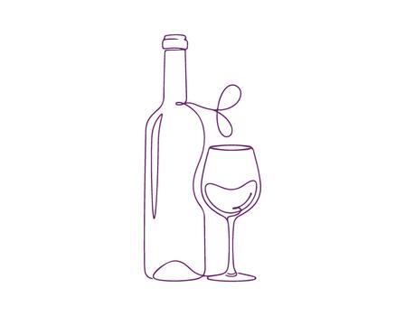 A continuous line drawing of a wine bottle alongside a wine glass. It's a minimalistic linear sketch of an alcoholic beverage in a simple doodle style. vector