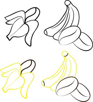 set of thematic icons on the theme of various coffee flavors, namely a combination of coffee and bananas of various shapes in line art style vector