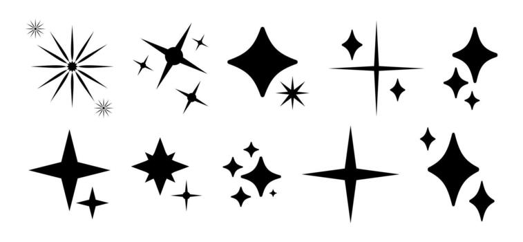 Stars icon trendy collection. Different minimalist star retro shape symbols. Set of black flat shine blink twinkle, sunburst stars. Magic light flare, bright flash, sparkle star patterns. Shining glow vector