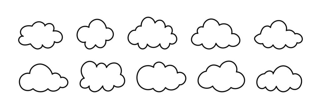 Clouds outline icon collection. Doodle fluffy clouds set. Puffy, cumulus clouds patterns. Cloudy forms in black thin contour. Weather element templates. Hand drawn cute flat icons. Objects cloudscape. vector