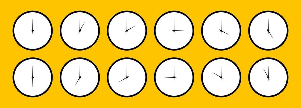 relojes redondo caras colocar. cronógrafo modelo con diferente tiempo. hora sencillo gráfico circulo firmar, símbolo. reloj manos icono. reloj cara maquetas hora icono. mediodía, mañana, noche hora reloj patrones. vector