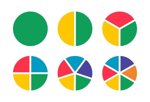 Donut charts icons segmented on from 1 to 6 equal parts. Wheels divided in sections. Diagrams infographic multicoloured. Circle section graph. Pie, pizza chart round icons. Loading bar flat templates. vector