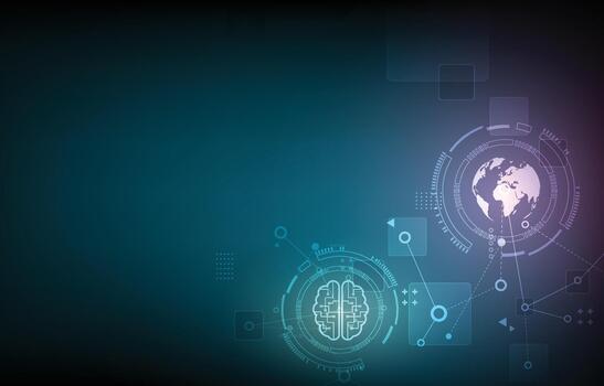Futuristic technology background with digital brain circuit.Global network map.HUD Interface elements vector