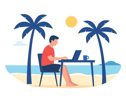 A person working on a laptop at a beach desk with palm trees and ocean view, symbolising remote work freedom vector