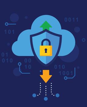 A cloud with shield, padlock, and data arrows, symbolizing secure cloud storage and transmission vector