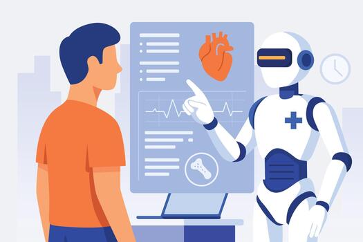 Humanoid robot consulting a patient with digital medical data, symbolising AI in healthcare vector