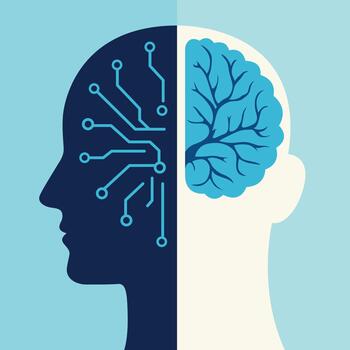 Split human head showing brain and circuit patterns, symbolising human and artificial intelligence vector