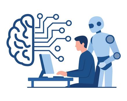 Person working on a computer with a humanoid robot and AI brain symbol, representing human-AI collaboration vector